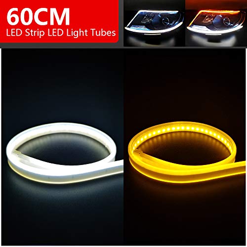 60CM Ultrathin LED Strip Lights DRL Daytime Running Headlight White-Amber Dual Color 2pcs Waterproof Flexible LED Tube Side Signal Light (60CM)