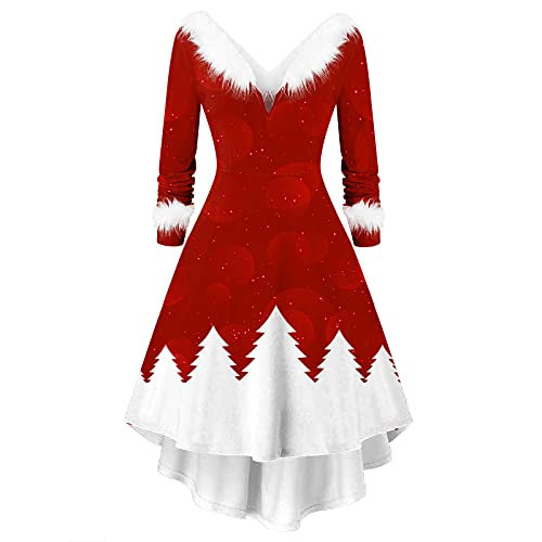 Christmas Dresses for Women Furry V Neck Swing Dress High Low Party Dress Long Sleeve Christmas Print Dresses (Red02, L)