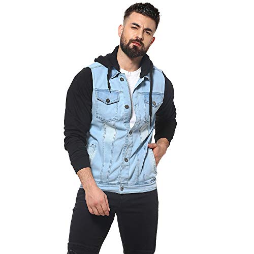 Campus Sutra Denim with Grey Hood Front Pocket Button Closure Jacket