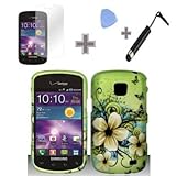 Rubberized Green Hawaiian Flower Snap on Design Case Hard Case Skin Cover Faceplate with Screen Protector, Case Opener and Stylus Pen for Samsung Illusion / Galaxy Proclaim i110 - Verizon / Straight Talk