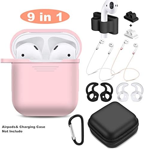TAOSANHU AirPods Case 9 in 1 Airpods Accessories Kits Protective Silicone Cover and Skin Compatible Apple Airpods 1 Charging Case with Airpods Ear Hook/Tips/Airpods Strap/Clips/Watch Band Holder