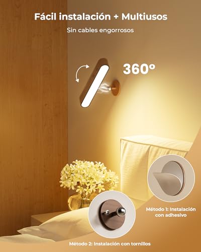 Ufanore Lampara de Pared, Juego de 2 Apliques de Pared Recargable y Inalámbricas, Madera LED Iluminación de Pared Magnético 360° con Control Remoto y Táctil, 3 CCT, 5 Niveles 15 Colores RGB, Nogal