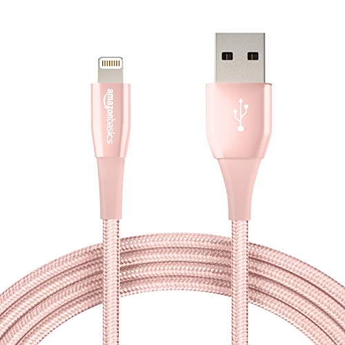 AmazonBasics Double Nylon Braided USB A Cable with Lightning Connector, Premium Collection, MFi Certified iPhone Charger, Rose Gold, 10 Foot