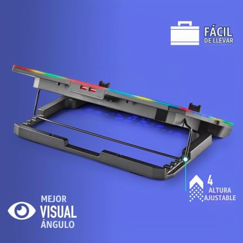 Hero Stand - Base de arrefecimento para portátil, 6 ventoinhas silenciosas, ecrã LCD, RGB, altura ajustável, 2 portas USB, suporte para smartphone, antiderrapante, 2400 RPM