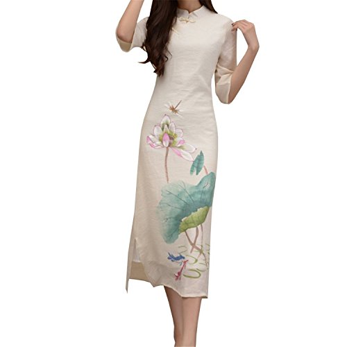 Rising ON Women's Tea Length Cotton Cheongsam Qipao Chinese Traditional Dress 1403