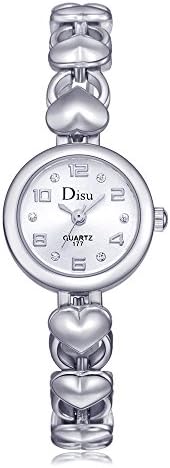 DISU Cute Women’s Watches Heart Shaped Metal Bracelet Watch for Girls Rhinestone Arabic Dial DS019 Silver White