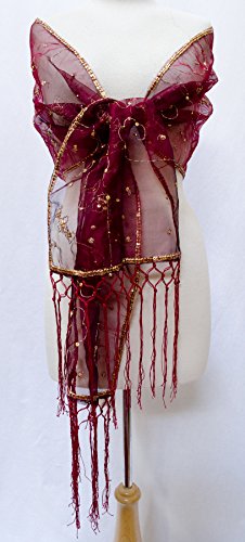 Gulshan Sequin Sheer Silk Organza Stole Shawl Scarf Wrap Table Runner Fringe Burgundy Red Gold