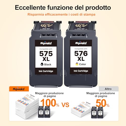 Sqwekd PG-575XL CL-576XL Ink Cartridges for Canon 575 576 XL Cartridges for Canon PIXMA TR4755i TS3750i TR4756i TS3751i TS3752i TS3550i TS3551i TR4750i TR4751i (Black Tri-Color, 2-Pack)