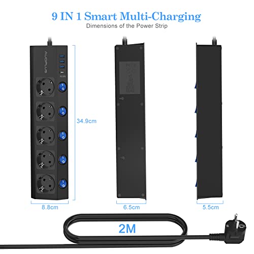 Power Strip, Individually Switchable, 5-Way Power Strip, Wall Mounted with 1 USB-C Quick Charger (PD 20 W) and 3 USB Power Strips, Multiple Socket with Surge Protection (3680 W/16 A), 2 m Cable