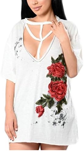 Xswsy XG Women Sexy Floral Embroidery Lace Up Hollow Out Deep V-Neck Short Sleeve T-Shirt White XS