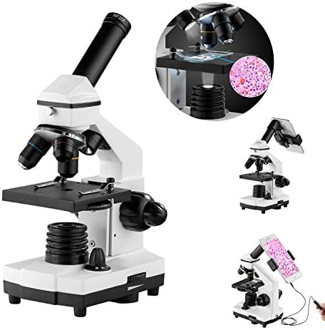 Monocular Microscope for Students and Kids, 200-2000x Magnification Powerful Biological Educational Microscopes with Operation Accessories(10p), Slides Set(15p), Wire Shutter & Backpack