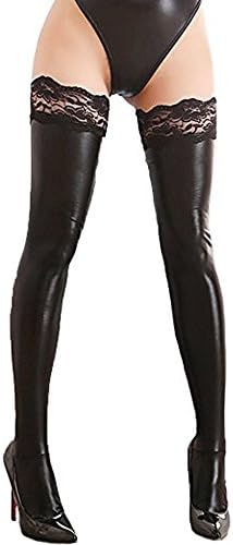 camaTech Elastic Leather Stockings and Skinny Pants with Silicone Antiskid Designed Lace Thigh Length Stockings (Black)
