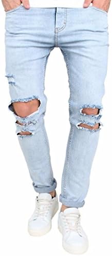 Hot Sale! ❤️ Men's Jeans, Neartime Stretchy Ripped Pants Skinny Biker Slacks Destroyed Taped Slim Fit Denim Solid Color Trousers (❤️Asian32, Blue)