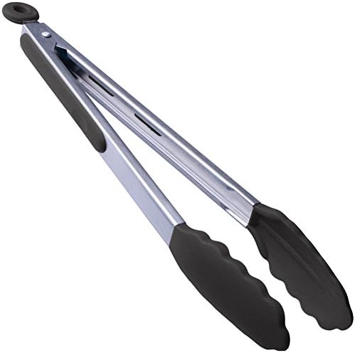 Cooking tong Long 14", MANLEHOM Locking Stainless Steel Kitchen tong with Silicone Tips for Food Black