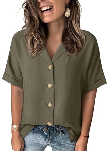 Dokotoo Womens Summer Tops V Neck Short Sleeve Button Down Shirts Blouses for Women 2026 Fashion Trendy Dressy Casual Work Business Tunic Tops Outfits Small Green at Amazon