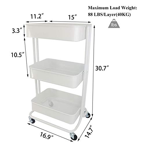Ovicar 3-Tier Metal Rolling Utility Carts, Heavy-Duty Storage Shelves, Trolley Organizer with Handles and Wheels for Office Home Kitchen Bathroom Organization, White