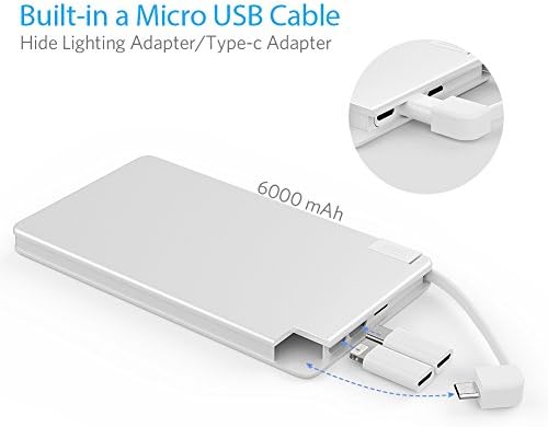 VIGLT Slim Power Bank 6000mAh Portable Charger with Built in Mini USB Cable,Micro to Lightning and Type-C Adapter for iPhone7 Plus 6s 6 Plus iPad Samsung Galaxy and More