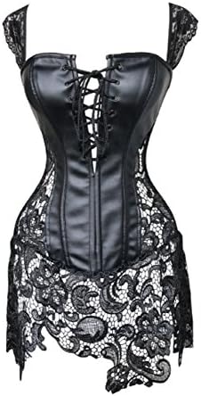 Corset Outlet Women's Fashion Faux Leather Shoulder Strap Corset with Lace Skirt