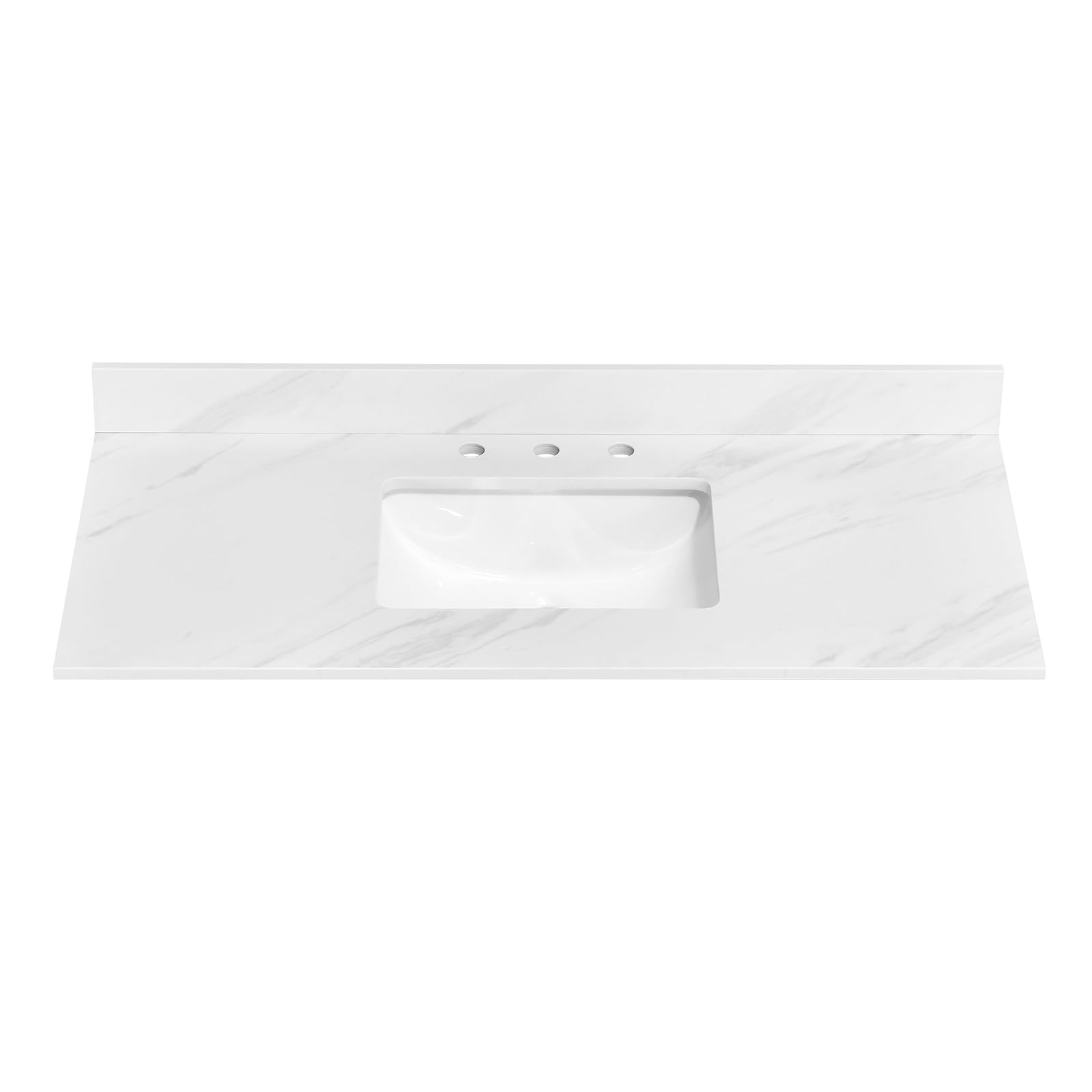 Photo 1 of **MAJOR DAMAGE TO LIP**EQLOO 48 in. W x 22 in. D Vanity Top, Engineered Stone Vanity Top with Sink in Venice White, Rectangular Center Sink Top, 8 in. Faucet Hole Spacing and Backsplash Bathroom Sink Top