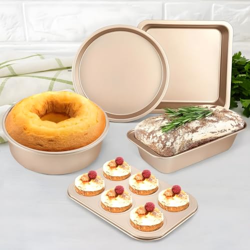 Conjunto Assadeira Antiaderente 5 Peças Tabuleiro Cozinha Reutilizável Jogo Forma Pão Bolo Alumínio com Revestimento Interno Forma Aço Assadeira Antiaderente para Cupcake e Muffin