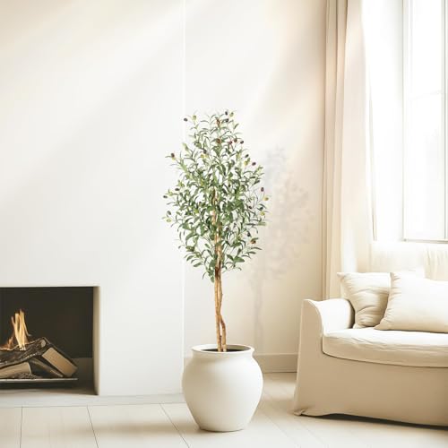 Garvee 150cm Artificial Olive Tree, Faux Plant with Natural Wood Trunks, 864 UV-Resistant Silk Leaves, White Ceramic Pot with Weighted Base, Farmhouse Floor Decor for Living Room, Entryway, Office