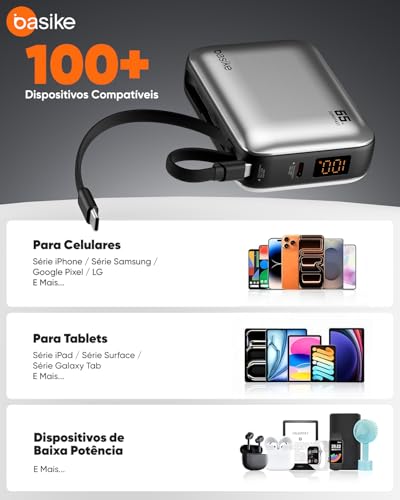 Basike Power Bank 65W, Carregador Portátil Universal 20000mAh (Prata) | USB-C + Cabo Type-C Integrado e Removível, Carregamento Rápido PD/PPS para Samsung Séries S26-S21 e iPhone Séries 17-14