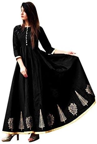 Lenira Creation Women's Taffeta Silk Semi-stitched Anarkali Gown (Black, Free Size)