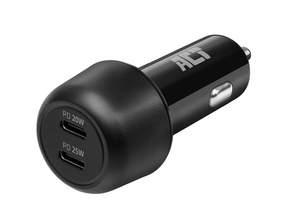 ACT Cigarette Lighter USB C, 45 W (PD 25 W + PD20 W), Quick Charge Car Charger USB C, Adapter 2 Port, Car Charger USB C for Apple and Android AC2200