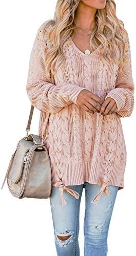 Hestenve Plus Size Womens Lace Up Pullover Sweaters Long Sleeve Cable Knit V Neck Fall Jumper Tops