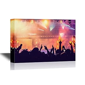 Concert Crowd Canvas Wall Art - Cheering Crowd in Front of Bright Colorful Stage Lights - Retro Styled - Gallery Wrap Modern Home Art | Ready to Hang - 12x18 inches