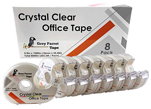 GreyParrot Tape Office Tape Clear Refill Rolls + Dispenser(8 Pack),(3/4" x 1000in/Pack). for Craft Jobs, Gift Wrapping, Clear(Transparent) Glossy Finish, Refillable