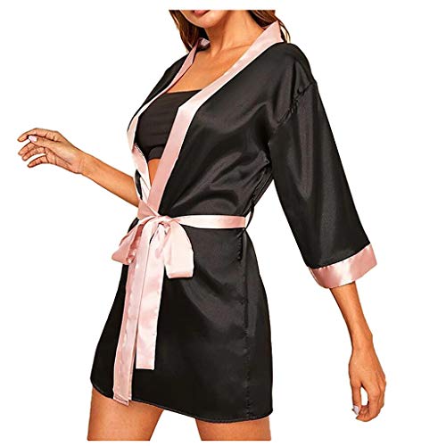 Womens Sexy Sleepwear Robe Respctfulâœ¿ Deep v Neck Satin Kimono Robe Lightweight Robe Short Knit Bathrobe Soft Sleepwear Black