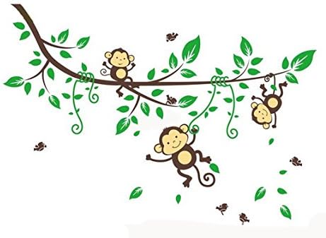 Large Hanging Monkey and Green Leaves Birds Wall Strickers for Nursery