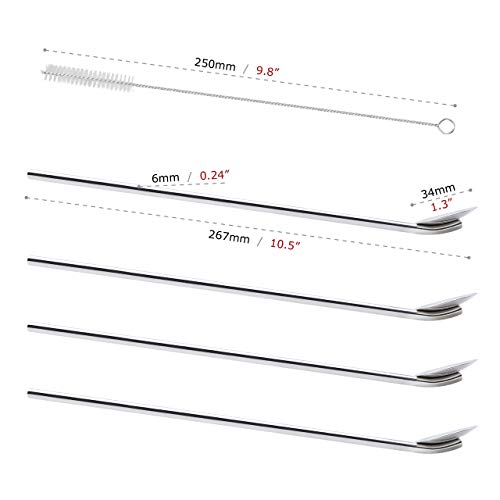 GFDesign 10.5" Extra Long Spoon Straws Stirrer SUS 304 Food-Grade 18/8 Stainless Steel Reusable and Durable - Set of 4 with 2 Cleaning Brushes