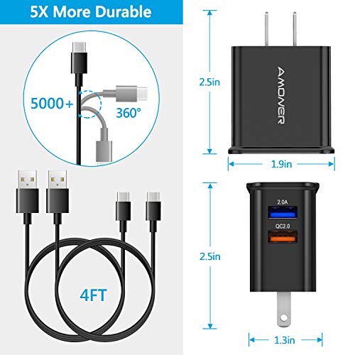 Amoner Adaptive Fast Charging USB Charger, 25W Dual Port USB Adaptor with 2Pack 4ft Type C Cables Compatible with Samsung Galaxy s10 s10+ s9 s9+ s8 s8+ Note 8 Note 9 & More(1 Charger + 2 Cable)