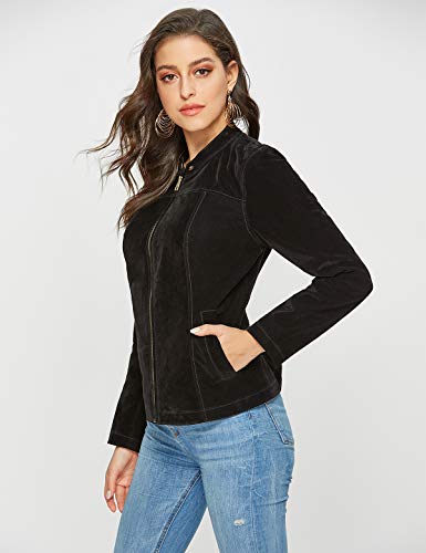 Escalier Women's Suede Jacket Zipper Moto Biker Faux Leather Coat Black L - Thumbnail 3