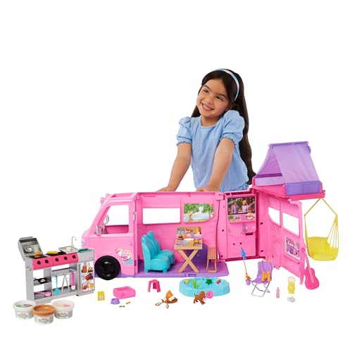 Barbie Dream Camper Playset with Roof Tent, Swing Chair, Fishing Pond, BBQ Grill with Color-Change Feature & 60+ Accessories Including Dough, HRJ78