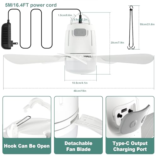 Canopy Fan 50CM, 20000mAh Portable Outdoor Ceiling Fan with Light with Remote Control and Extension Hook, Easy Operation Battery Powered Fan Light for Gazebo, Tent, Patio, Pergola