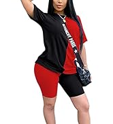 Short Sets Women 2 Piece Outfits, Color Block Short Sleeve T Shirt and Biker Shorts Tracksuit Set