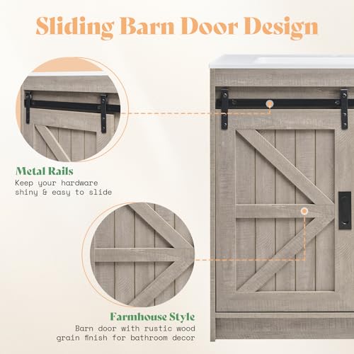 Jocisland Farmhouse Bathroom Vanity with Sink Combo, 31in Sliding Barn Door Bathroom Vanity Cabinet Set with Storage Drawers, Metal Handles, Small Single Bath Storage Vanity Sink, Light Grey
