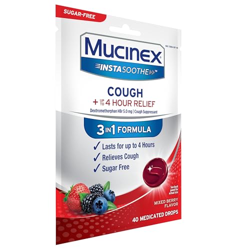 MUCINEX INSTASOOTHE SUGAR FREE COUGH DROPS, COUGH MEDICINE FOR ADULTS WITH DEXTROMETHORPHAN HBR, NON MENTHOL COUGH DROPS, COUGH SUPPRESSANT LOZENGES, MIXED BERRY MEDICATED COUGH DROPS, 40CT
