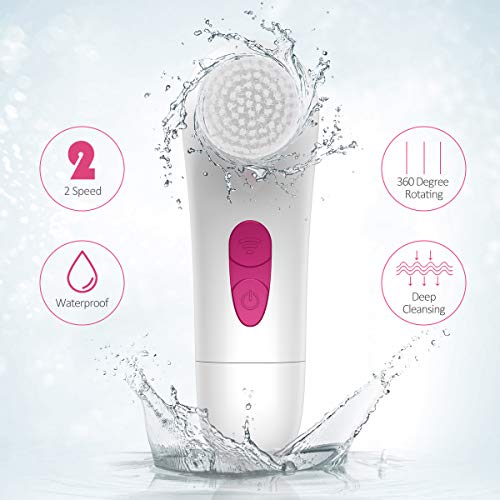 【2019 Upgraded】ETEREAUTY Facial Cleansing Brush, Waterproof Face Brush with 4 Brush Heads and a Protective Travel Case - Deep Cleansing, Gentle Exfoliating, Removing Blackhead for Face and Body, Pink