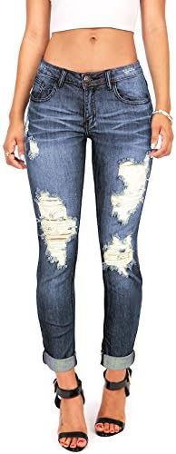 Machine Women's Juniors Torn Low Rise Jeans w Rolled Up Ankle Hem (7, Denim)