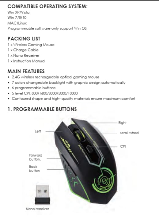 Wireless Gaming Mouse Bluetooth Mouse RGB Rechargeable 2.4G USB Cordless Computer Mice with 7 Color Backlit, 6 Buttons & Silent Click for Laptop, iPad, Mac OS, PC, Windows -Black