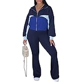 HBQ Women's Color Block 2 Piece Tracksuit Sets Long Sleeve Zip Up Crop Jacket and Flare Pants Casual Y2K Outfit