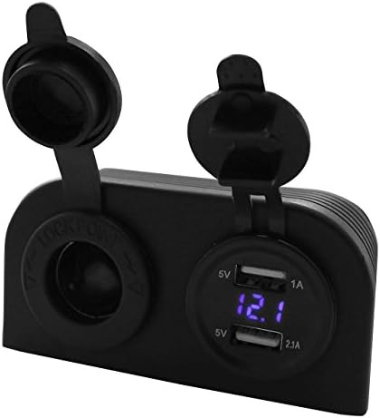 GraceMe Dual 5V USB Car Charger Car Cigarette Lighter Socket Splitter DC 12V 24V Power Supply Adapter Outlet + Digital Voltmeter (Attached vertical installation-Blue)
