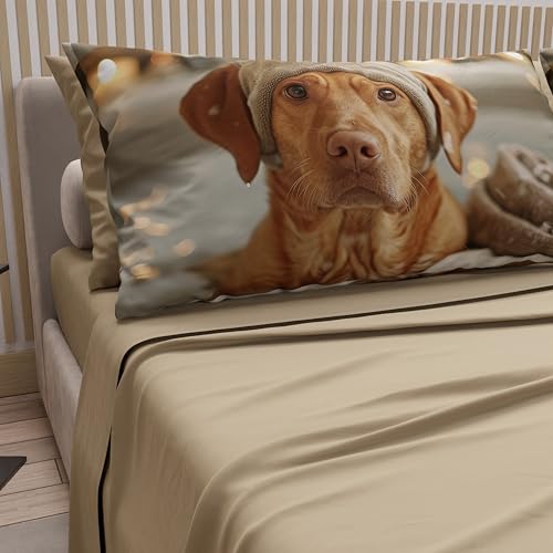PETTI Artigiani Italiani - Animal Bed Linen with Dogs in Cotton with Pillowcases in Digital Print, Maxi Double Bed Set, Taupe, 100% Made in Italy