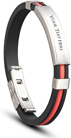 Personalized Free Custom Engraved Stainless Steel Rubber Bracelet Cuff Bangle Unisex (Red)