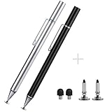 Vivefox 2 in 1 Capacitive Stylus Pen, Disc Stylus (Disc & Fiber Tip) Touch Screen Pen for Tablet/iPad Mini/Smartphones All Touch Screen Devices with 4 Replacement Tips (Black/Silver,2 Pcs)