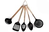 COOK With COLOR 5 Piece Nylon Cooking Utensil Set on a Ring with Rose Gold Copper Handles (Black)
